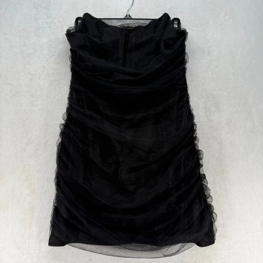 White Fox Mini Dress‎ Black Tulle Strapless Ruched Party Cocktail Size L